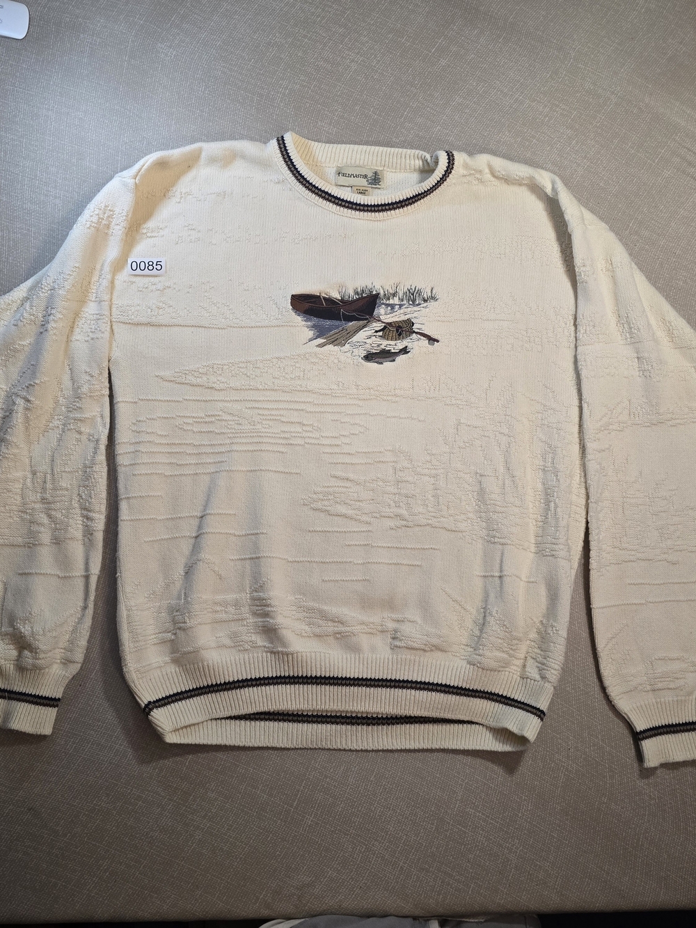 Vintage Fieldmaster Men's Knit Sweater Size Large Cream Fishing Boat Embroidery